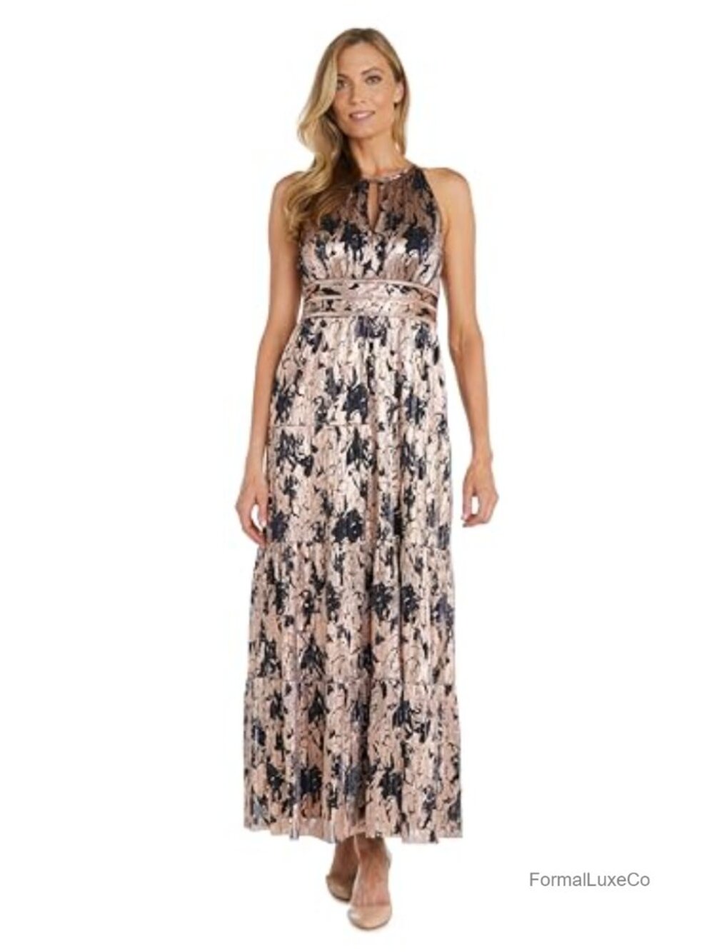R&M Richards Women's Metallic Bloom Pleated Maxi Dress